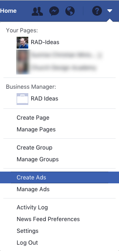 Create Ads Tab - for choosing Facebook Ad Objectives